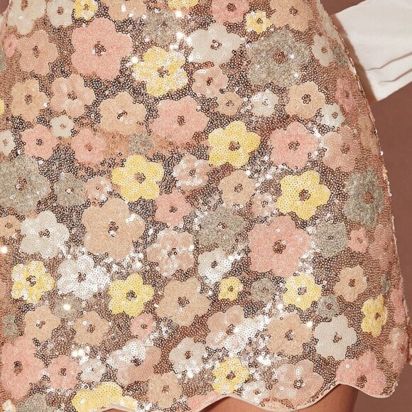 Champagne Gold Elegant Women's Romantic Sparkling Floral Sequin ALine Mini Skirt - Picture 6 of 8